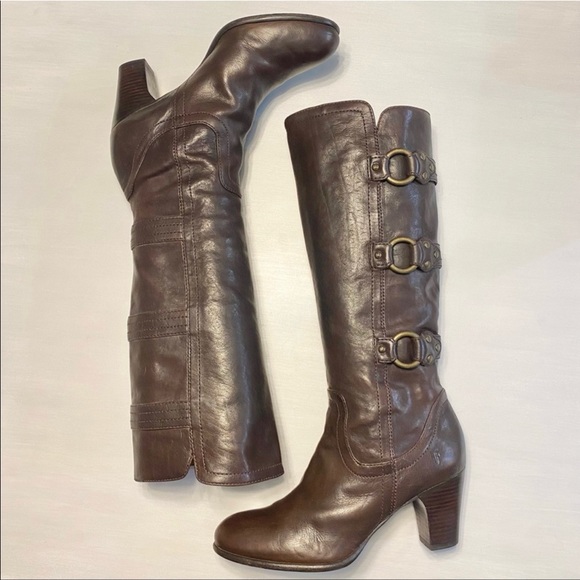 Frye Shoes - Beautiful Frye chocolate brown boots with gold buckles.
